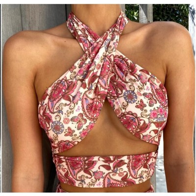 Hollow Out Floral Halter Cross Tank Top Womens Vintage Printing Vest Sexy Bandage 